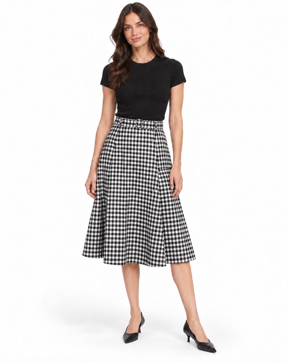 Reformation Black & White Gingham Print Belted A-Line Midi Skirt